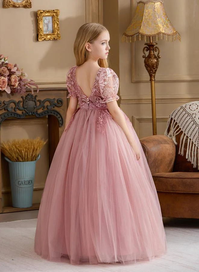 Take Two Girls Pink Floral Lace Puff Sleeve Maxi Dress